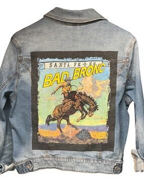Western Upcycled Denim Jacket Graphic Horse Bad Bronc T Shirt Rodeo Cowgirl
